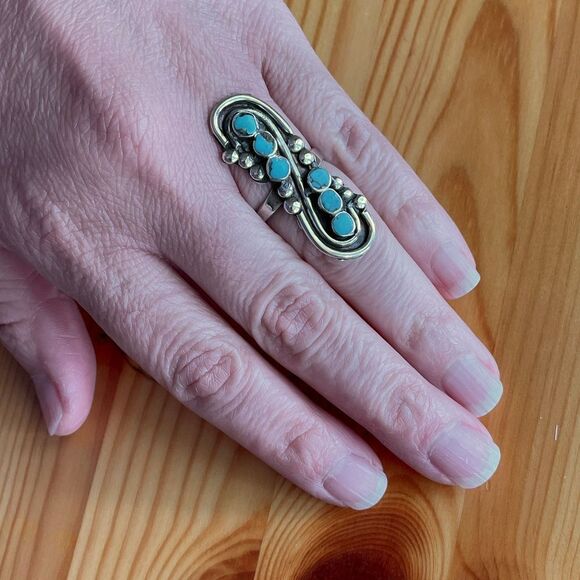 Vintage Zuni Ring Blue Gem Turquoise Sterling Silver Native Dishta Style - Picture 4 of 10